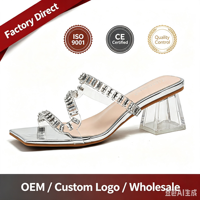 Sandales à talons carrés transparents en strass pour femmes, mules à bout ouvert tendance, chaussures d'été pour femmes, support OEM ODM