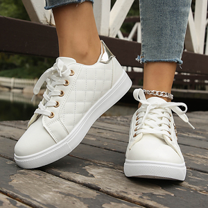 Zapatillas Deportivas Blancas Acolchadas de Piel Sintética para Mujer <span class=keywords><strong>con</strong></span> Detalles Dorados y Cordones, Calzado Informal para Uso Diario - Product Image 1