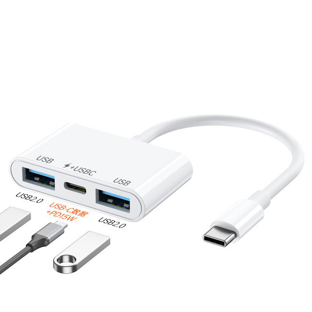 3 in 1 USB C Hub Adapter, USB C to Dual USB 2.0 Ports and USB C Data Port with 15W Power Delivery, OTG Converter for Phone, PC