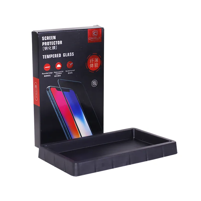 कस्टम लक्जरी गत्ता कागज बॉक्स पैकेजिंग के लिए काले प्लास्टिक ट्रे के साथ मोबाइल फोन टेम्पर्ड ग्लास रक्षक बॉक्स