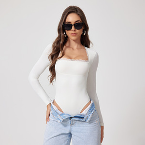 Mono de encaje de manga larga elegante desnudo elástico de alta calidad Base de baile de Ballet Delgado Sexy de una pieza deporte Fitness mono de encaje - Product Image 3