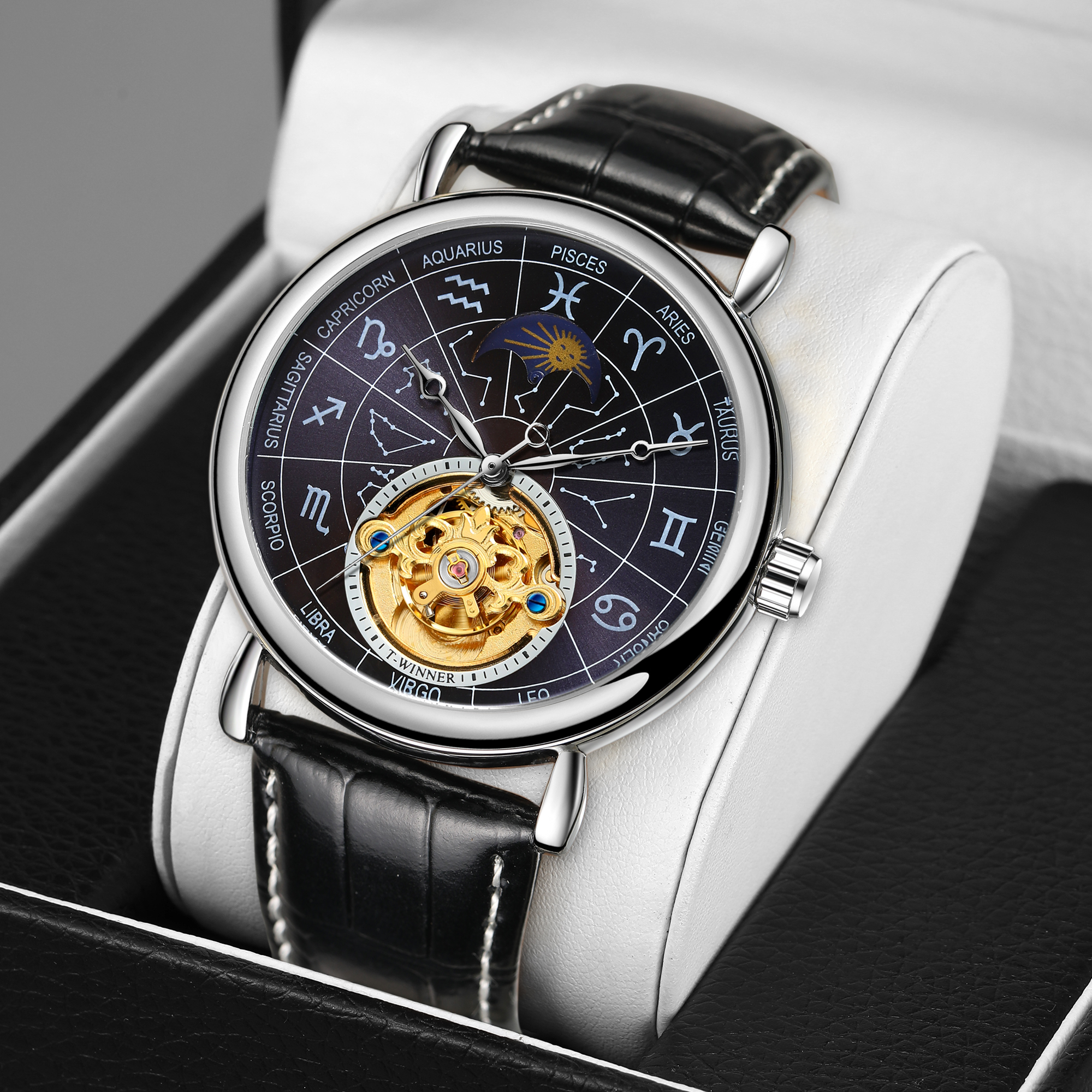 T-Winner Custom Logo Moon phase Automatic Diver Dive Mechanical Man Mens orologi da polso in vera pelle