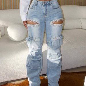 Nouveau Jean Large Femme Automne Style Street Hip-Hop 100% Coton Délavé Effet Usé OOTD Jean Baggy en Denim Orné de Strass - Product Image 1