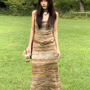 2024 new Striped knit halter dress women's spring new American sweater wrap skirt long skirt Maillard wear skirt