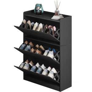 Meuble de rangement à chaussures en bois noir multicouche ultra-mince et haut, avec 3 portes coulissantes et palette en bambou - Product Image 1