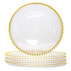 13 Inch <b>Clear</b> Plate Wedding Birthday Party Decorations Supplies <b>Rose</b> Gold Beaded Trim Round Plastic Charger Plates - Product Image 1