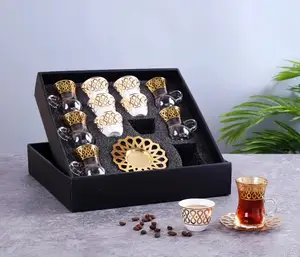 Juego de tazas de vidrio de estilo árabe con platillo, juego de tazas de cerámica para té y café, café turco, 18 Uds.