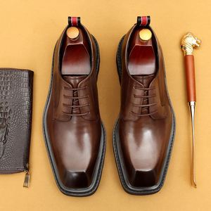 Chaussures habillées pour hommes en cuir véritable, style Derby, à bout carré, légères, respirantes, antidérapantes, à lacets, pour le bureau, toutes saisons - Product Image 1