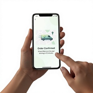 แอปมือถือ Wise Hustlers Grocery Delivery MAC หน้าจอยืนยันการสั่งซื้อพร้อมระบบติดตามแบบเรียลไทม์และประมาณเวลาที่คนขับจะมาถึง - Product Image 1