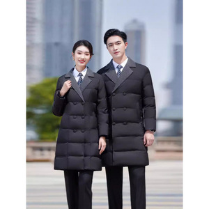 Black Cotton-Padded Coat Men Winter Long Double-Breasted Workwear Unisex Solid Color Polyester Outerwear - Product Image 1