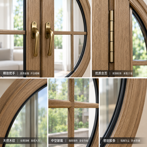 <span class=keywords><strong>Finestra</strong></span> a Battente Rotonda in Alluminio Effetto <span class=keywords><strong>Legno</strong></span>, <span class=keywords><strong>Finestra</strong></span> Circolare a Doppia Apertura con Griglie, Vetro Temperato Isolante per Villa - Product Image 2