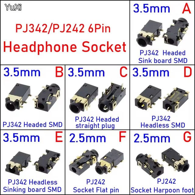 PJ342/PJ242 6Pin SMD Audio Socket Sinking plate Gold Plated Connector PJ-342/PJ242 3.5mm/2.5mm Headphone Jack