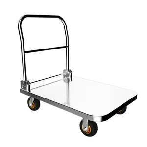 Wholesale 72*48cm Stainless Steel Platform Trolley Hand Cart Foldable High Duty Warehouse Cargo Mobile Premium Flatbed Trolley
