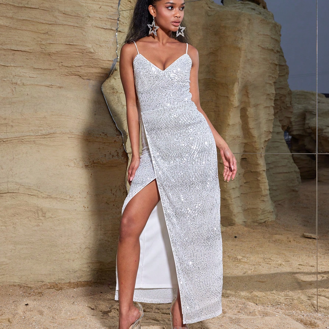 backless peplum dress Fitted Glitter Print V-Neck Peplum Gown by Ladivine J856 main image 1