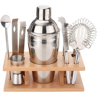 Ensemble de shaker à cocktails en acier inoxydable avec support en bois de bambou, 3 pièces, outils de bar Cobbler, doseur, passoire, couteau, kit de barman