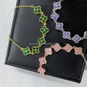 Luxury Designer Inspired Brand Jewelry Women Flower Bangle 18k Gold Plated Lucky Four Leaf Clover Full Diamond Agate Bracelet