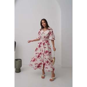 Vestido Rojo Floral con Cinturón y Cuello Peter Pan, Estilo Línea A, Tejido, Informal, Transpirable, para Uso Diario, Venta al Por Mayor - Product Image 4