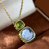 Ensemble de bijoux réversible à double face géométrique tendance, collier et bague carrés en strass vert herbe, rose et bleu
