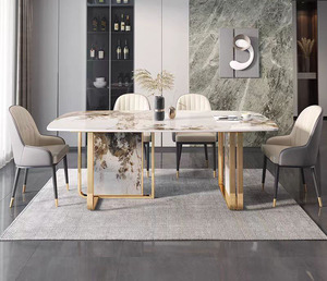 Juego de mesa de comedor de mármol de diseño italiano, tapa de mármol de 6 asientos con Base de Metal de Color oro rosa para comedor, muebles para el hogar - Product Image 2