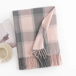 Wholesale Custom Logo Pashmina Neck Shawls Scarves Women's Winter Warm Plaid Scarves With Tassel For Women