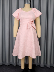 AM050607 elegante manica a sbuffo corta con scollo a V 3D fiore rosa Jacquard a linea rosa abito Casual da donna <span class=keywords><strong>Midi</strong></span> - Product Image 4