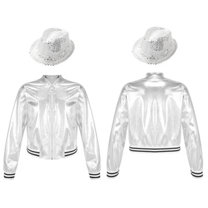 6-16 Kids Girls Ballroom Competition Dance Metallic Patchwork <b>Jacket</b> With Fedora Hat For Party Stage Performance Competition - Product Image 2