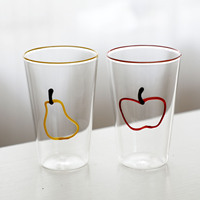 Schattig fruitdesign glazen tumbler 400ML hoog borosilicaat glas met gekleurde rand, handgeschilderd appel-perenpatroon, helder glas
