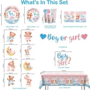 ของตกแต่งงานเฉลยเพศลูกชายหรือลูกสาว ประกอบด้วยตุ๊กตาหมีสีชมพูและสีฟ้า จาน ชุดผ้าเช็ดปาก ป้ายแขวน ผ้าปูโต๊ะ และที่ประดับหน้าเค้ก - Product Image 3