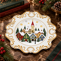 Assiette décorative élégante en plastique de 13 pouces, imprimée UV, motif village enneigé avec bordure dorée baroque, pour la décoration de table de Noël à la maison et à l'hôtel