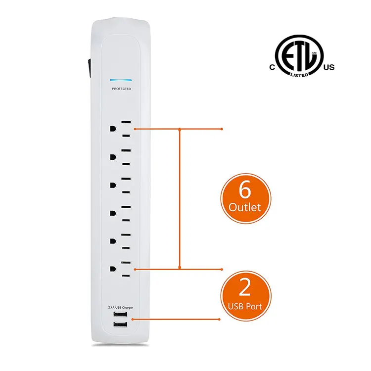 USB Surge Protector Power Strip  6 Multi Outlets with 2 USB Charging Ports  900J Surge Protector Power Bar