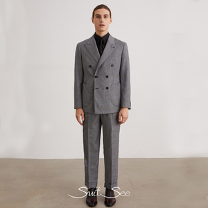 Rts/OEM 100% Len Cổ Điển Phong Cách Anh Đôi Ngực Phù Hợp Với Màu Xám Kiểm Tra Mens Trang Phục Chính Thức Phù Hợp Với Thiết Lập Mỏng Phù Hợp Với Bốn Mùa Kinh Doanh Phù Hợp Với - Product Image 1