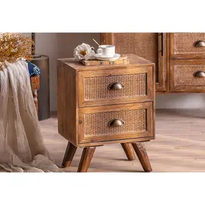 Antique Bedroom Solid Wood Cabinet 2-Tier Drawer Wicker Night Stand Furniture Vintage Bedside Table For Bedroom Living Room