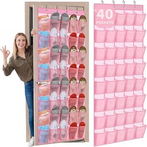 40 Pocket Over The Door Shoe Organizer Pink Hanging Mesh <b>Rack</b> For Closet Behind Door Storage - Product Image 1
