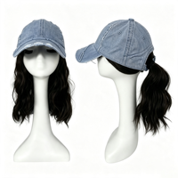 Casquette de baseball vintage en jean délavé MEILASI avec perruque réglable, perruque de cheveux ondulés de 10 pouces, perruque queue de cheval pour femme, usage quotidien en extérieur