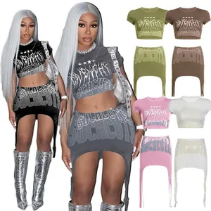 S31627 Nieuw Ontwerp 2023 Mode Zomer T-Shirt Tweedelige Set Letter Sexy Outfits Voor Dames Minirok Crop Top 2 Delige Set Dames