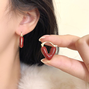 Guadagni all'ingrosso gioielli da donna orecchini a forma di cuore con geometria e cerchio in smalto rosso retrò Vintage orecchini da donna di fidanzamento - Product Image 5