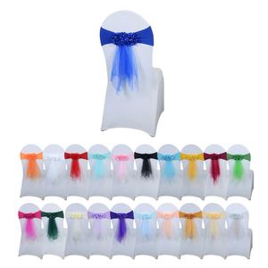 Bandes de chaise en gros, blanches, élégantes, de luxe, pour fêtes et mariages, avec nœuds bleus pour événements - Product Image 1