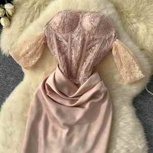 Vestido Midi Casual de Verano Elegante sin Tirantes de Encaje Tejido de Satén para Mujer, sin Mangas, con Corte Imperio, Bordado Digital 100% - Product Image 2