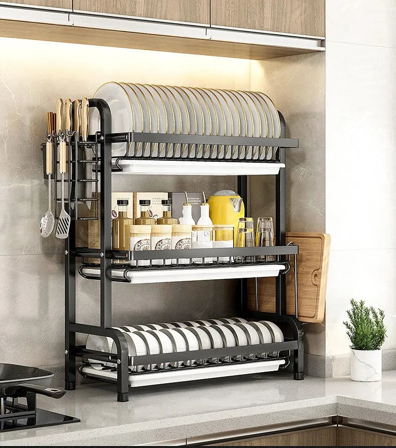 YULN Stainless Steel Metal Hot sale storage 3 tier kitchen counter holders organization over the sink dish drying drainer rack