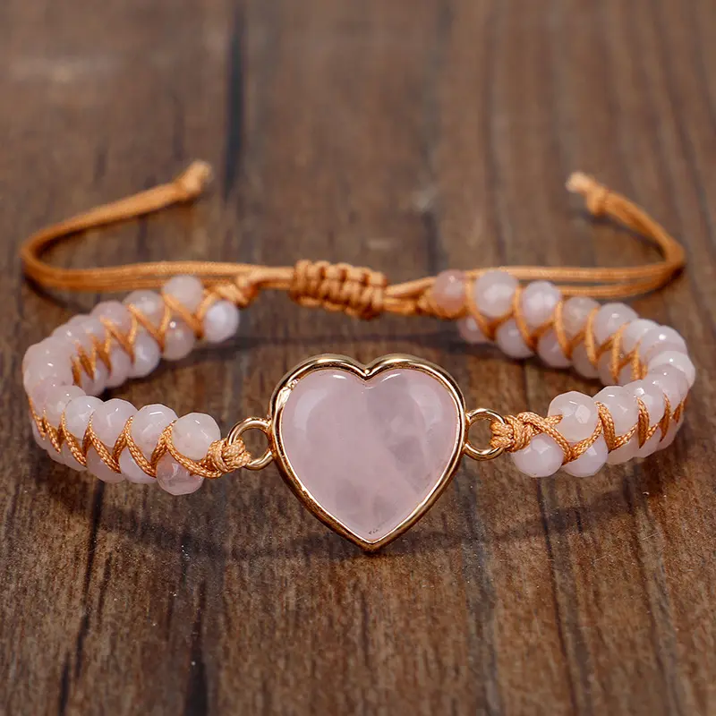 4mm Faced Rose Quartz Beaded Bracelet for Women Men Jewelry Double-layer Braided Handwoven Heart Charm Gemstone Bracelet
