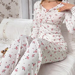 Vestito <span class=keywords><strong>da</strong></span> <span class=keywords><strong>donna</strong></span> con stampa floreale con fiocco e scollo a V lavorato a maglia a manica lunga <span class=keywords><strong>abbigliamento</strong></span> <span class=keywords><strong>da</strong></span> <span class=keywords><strong>notte</strong></span> per la vita quotidiana Casual Sexy autunno nuovo - Product Image 1