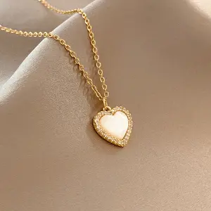 Real 18K Vergulde Roestvrij Staal Liefde Hart Ketting Romantische Kubieke Zirkoon Shell Hart Ketting Voor Valentines Gift