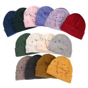 Autumn Winter Jacquard Custom Knitted Beanies Hat Hand Painted Colored Dot Skull Cap