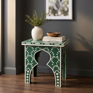 Mesa Auxiliar Cuadrada de Madera con Incrustaciones de Resina Estilo Bohemio, Patrón Verde y Blanco, Decoración Interior, Pieza Decorativa para Entrada, Hecha a Mano - Product Image 1