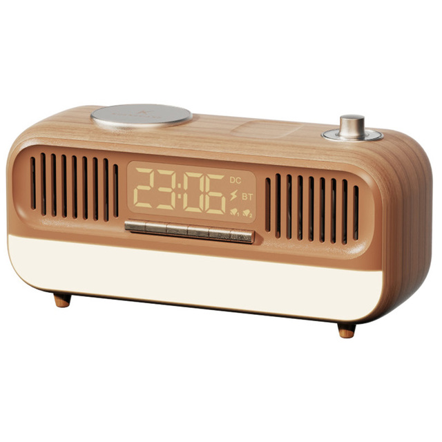 OEM ODM Supported Latest Vintage Wood Grain Speaker with Wireless Charger for Phone, Earbuds, Night Light, Alarm Clock, Radio
