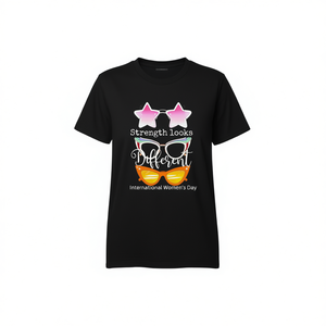 T-Shirt da Donna 'Strength Looks Different' per la Giornata Internazionale della Donna, Casual con Collo Tondo, 100% Cotone Jersey Stampato - Product Image 1