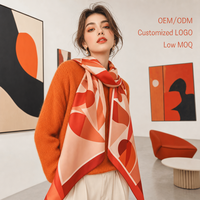 Écharpe en Soie Carrée pour Femme, Motif Géométrique Abstrait Moderne, Rouge Tomate Crème, Personnalisable OEM ODM avec Logo, Faible MOQ