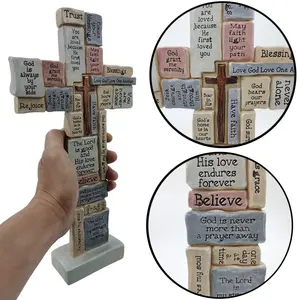 Cross Sculpture with Christian Words Crossword Table Inspirational Figurine Cross for Home Decor Christian gifts