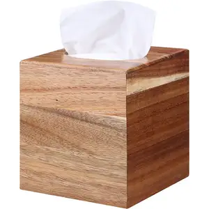 Acacia Wood Tissue Box Cover Paper Box Cover Square Decorative Tissue Holder For Bathroom Dinner Table