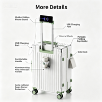 Valise de voyage rigide classique légère avec support de téléphone dissimulé, port de chargement USB, porte-gobelet, crochet latéral et séparation humide/sec
